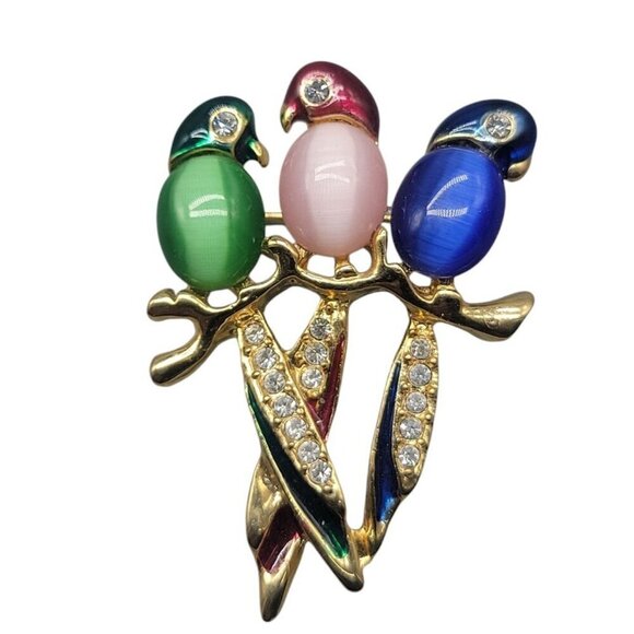 Australian Crystal Parrot Brooch Trio of Birds on Perch Multicolor Jelly Belly - Picture 2 of 8